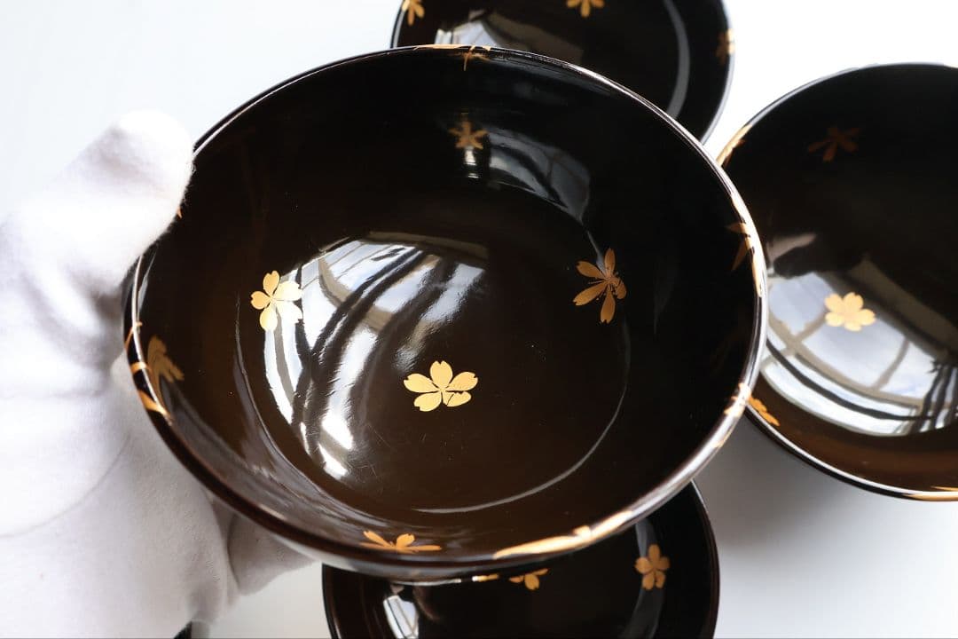 【CM436】天然木漆塗 桜紅葉 雲錦金蒔絵 黒汁椀 三客 / (検)輪島加賀