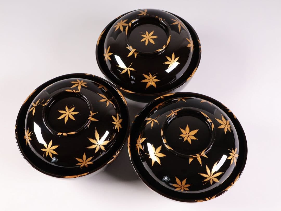 【CM436】天然木漆塗 桜紅葉 雲錦金蒔絵 黒汁椀 三客 / (検)輪島加賀