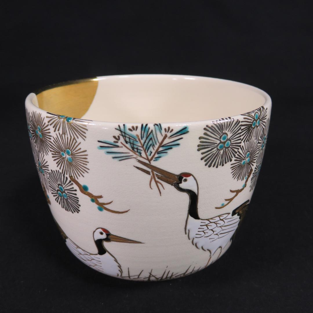加藤利昇 茶碗 鶴 松 美品 合箱 唐松に鶴 抹茶碗 茶器 茶道具