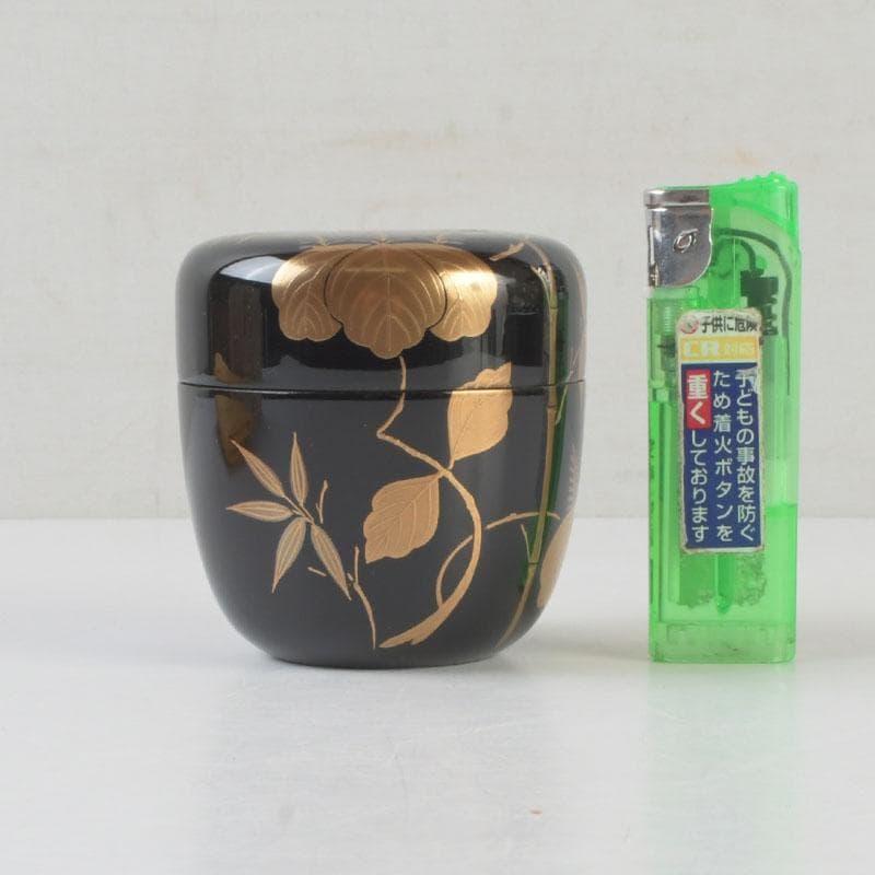 茶道具　黒塗　螺鈿装飾　桐竹蒔絵　中棗　時代箱　V　9942