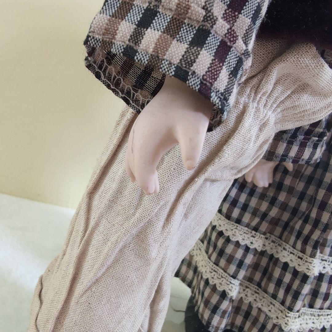 Vintage✨キスするビスクドール チェック柄服麦わら帽子 2体セット33cm