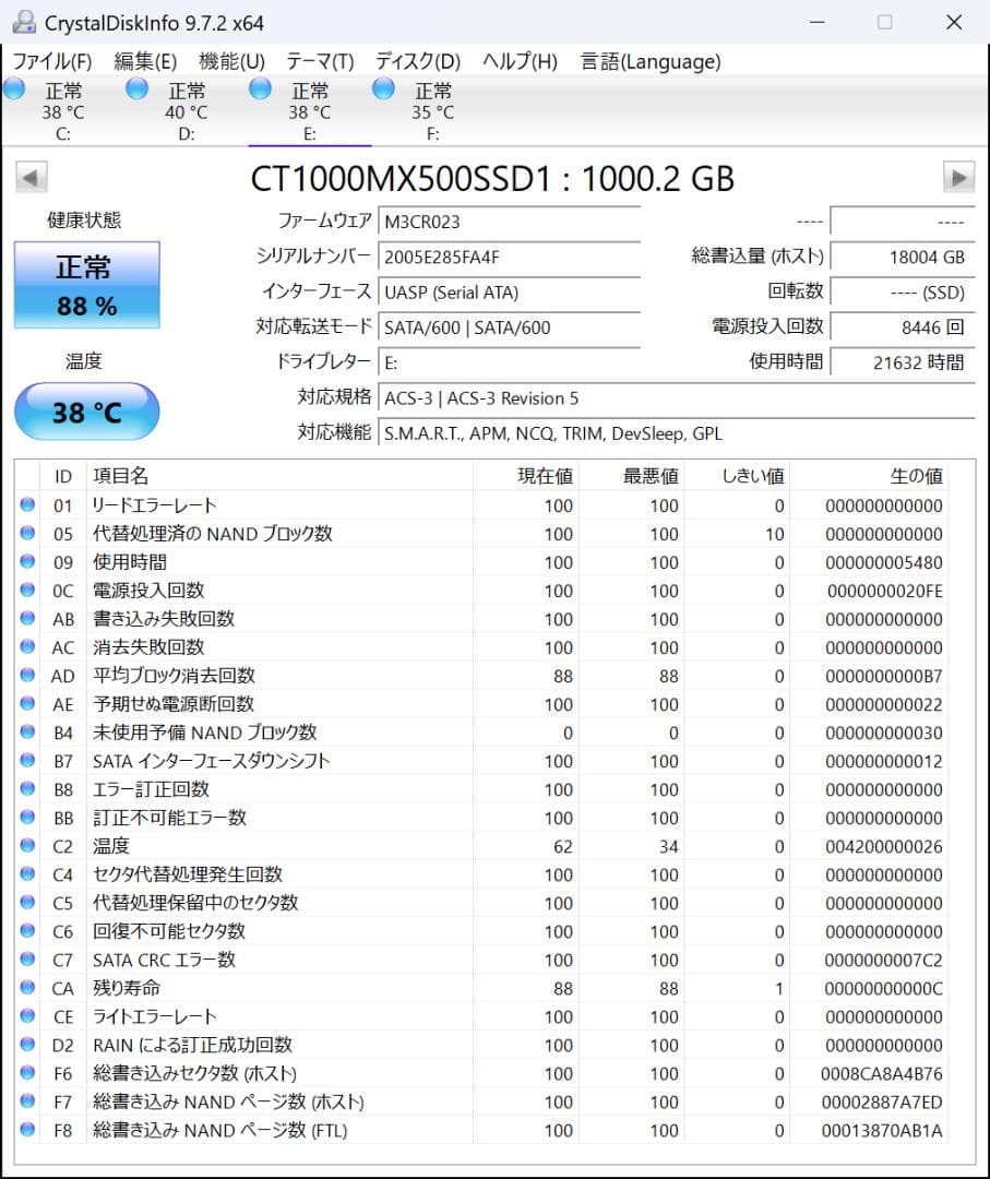 使用品　crucial MX500 2.5 SSD 1000GB①
