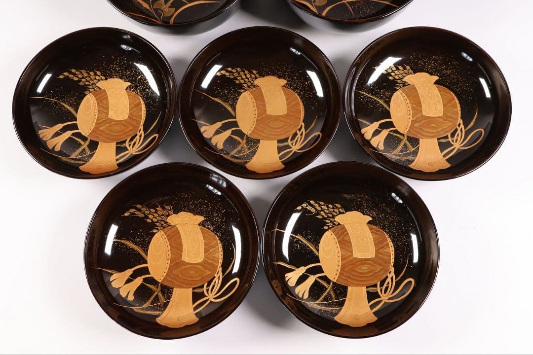 【CM443】加賀蒔絵 天然木漆塗 打出の小槌稲穂金蒔絵 黒塗椀 五客 大正昭和