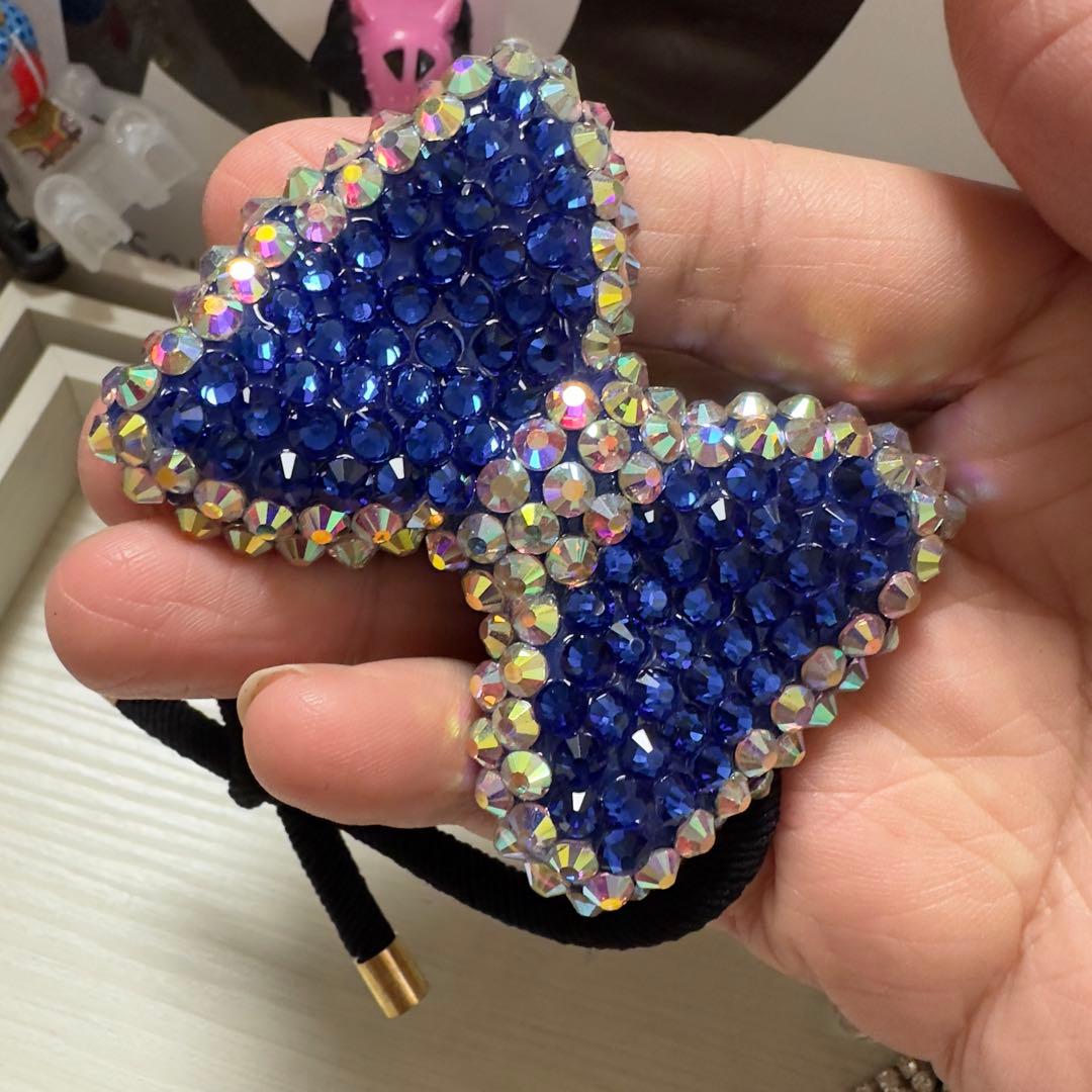 新作★⭐︎ヘアゴム269 キラキラストーン付春の青いリボン可愛い大きめヘアゴム高級