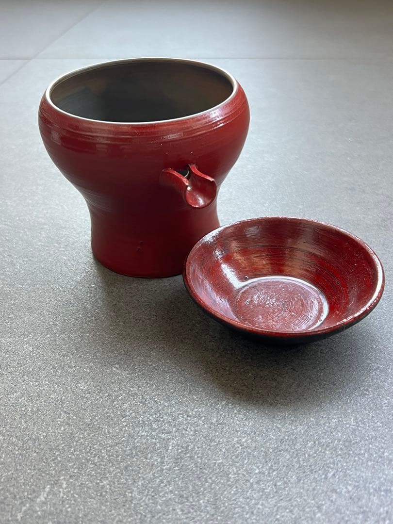 赤い陶器の急須　片口　杯　日本酒　酒器
