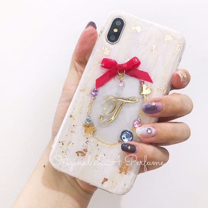 名入れ♡ミルキーホワイト♡リボンくすみカラー✨金箔入り⭐︎iPhoneケース