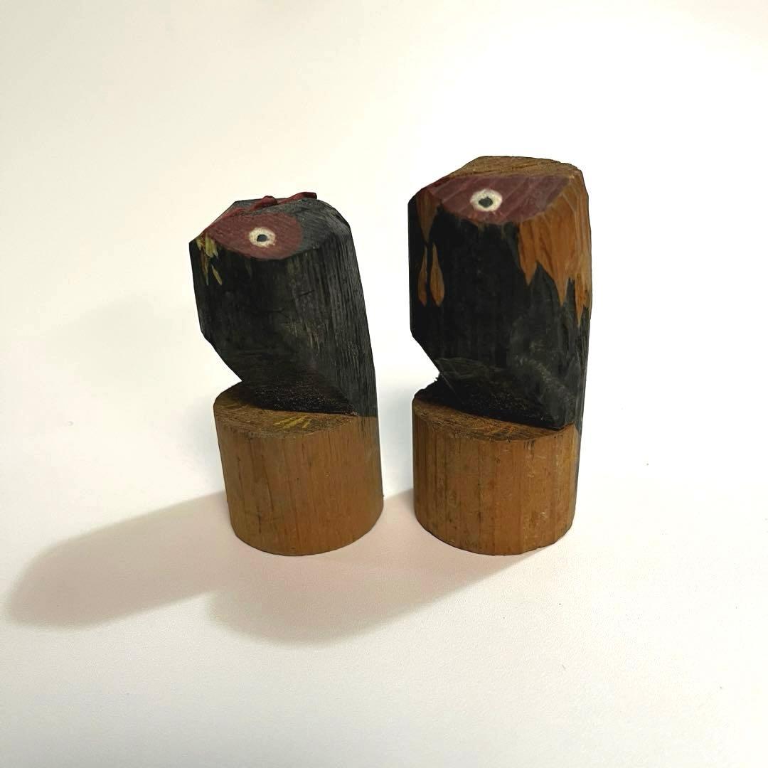 郷土玩具　古作　夫婦鶏　雌雄ペア　木鷽　木彫り　木彫人形　一刀彫　民芸　縁起物