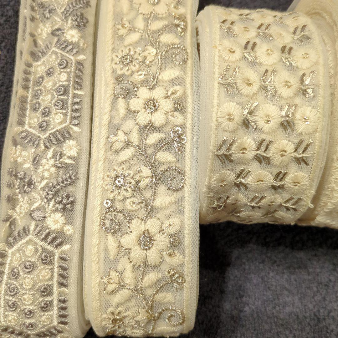 【本日限定】インド刺繍リボン　ロール販売　5本セット　ホワイト系④