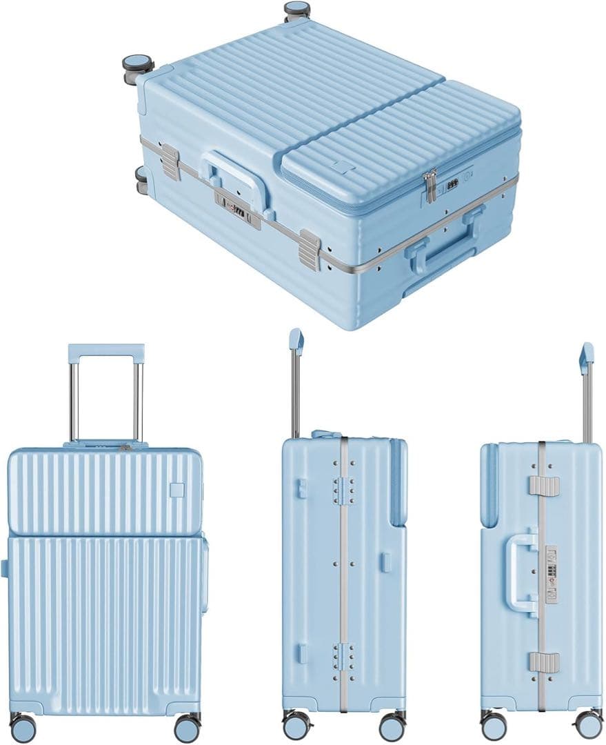【新品】スーツケース、フロントオープン、ストッパー付き(ライトブルー、Sサイズ）