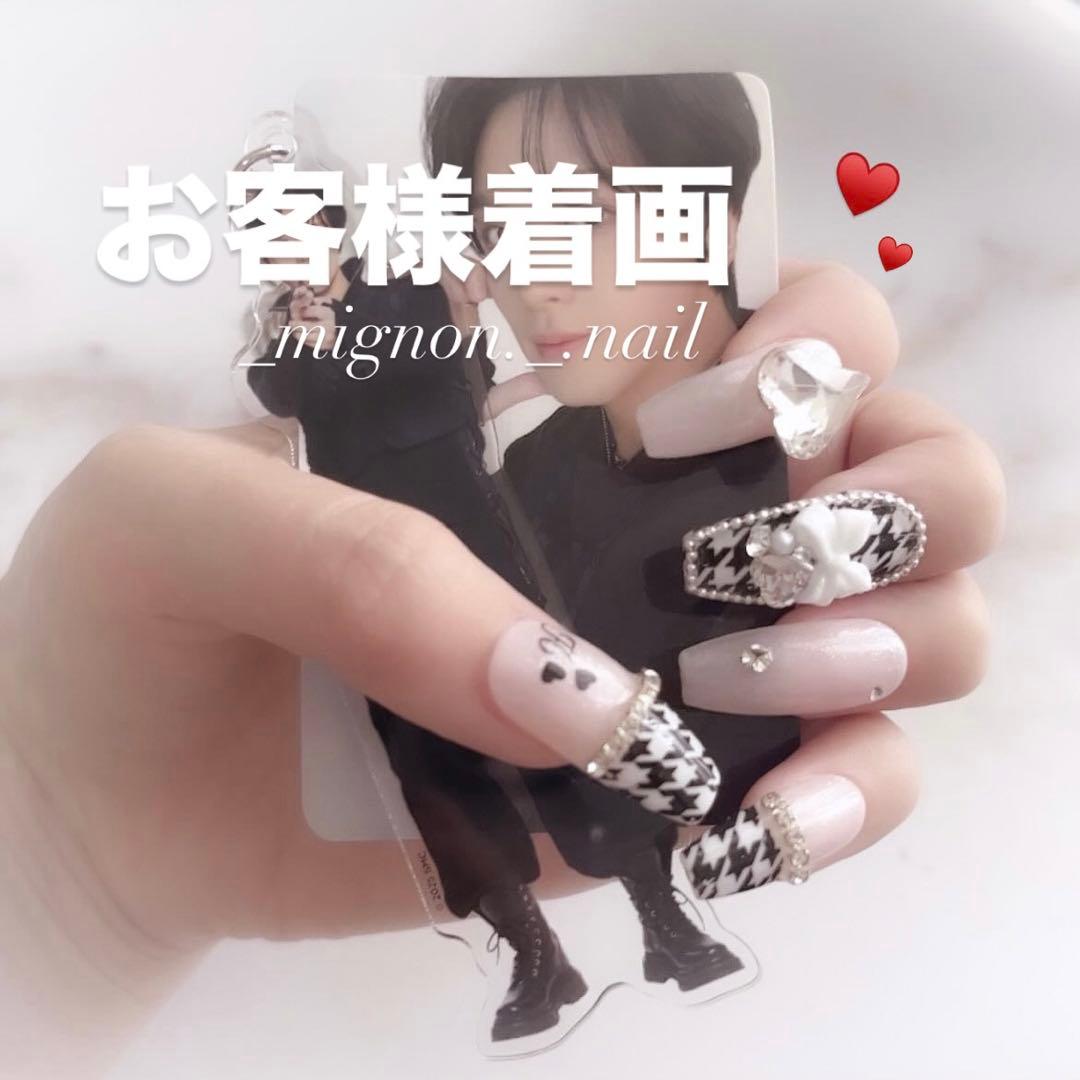 ネイルチップ 量産型 千鳥柄 黒 白 リボン オタクネイル スナ系 ロングネイル