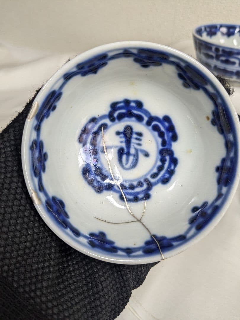 煎茶椀 銀継ぎ 手描き 煎茶道具 古民家の骨董品 アンティーク
