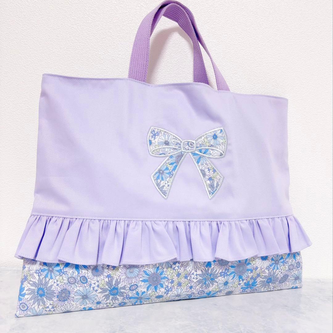 レッスンバッグ　上履き入れ リボン　刺繍　ハンドメイド　女の子　ピンク　フリル