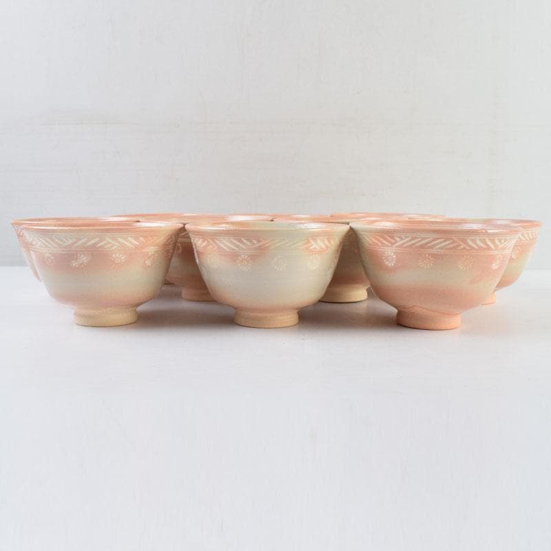 茶道具　京焼　田中渓峰作　御本三島　花文　数茶碗　十客　共箱　M　R9581H