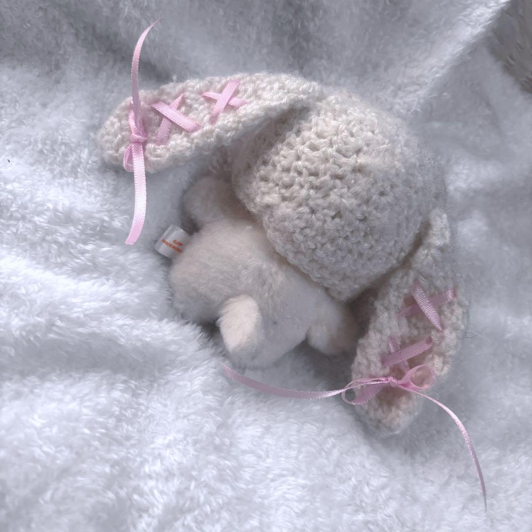 ハンドメイド 10cm ぬい服 帽子 毛糸 リボン うさ耳 skzoo 白