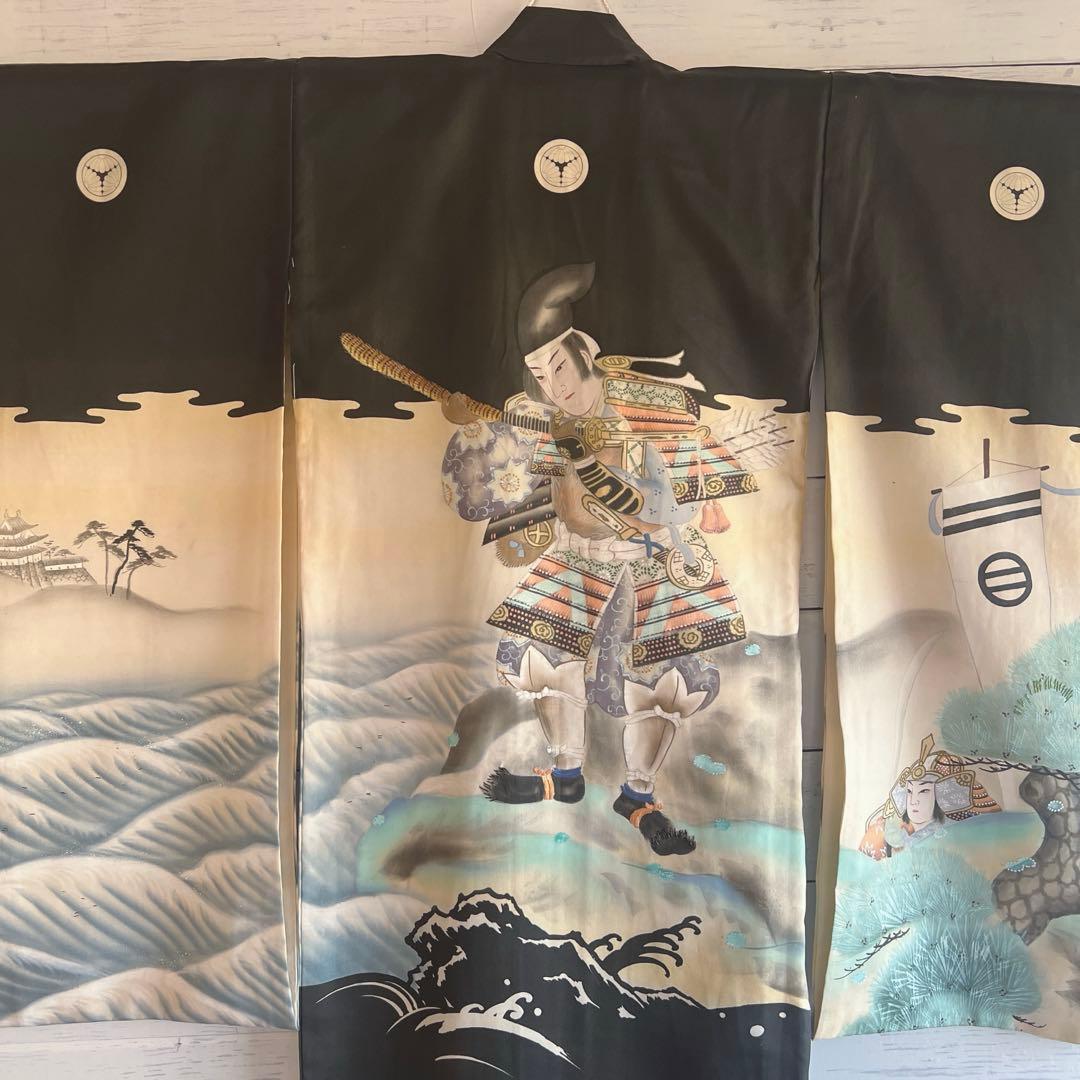 6101◆アンティーク男の子着物武者絵絵羽模様正絹手刺繍五つ紋七五三コレクション