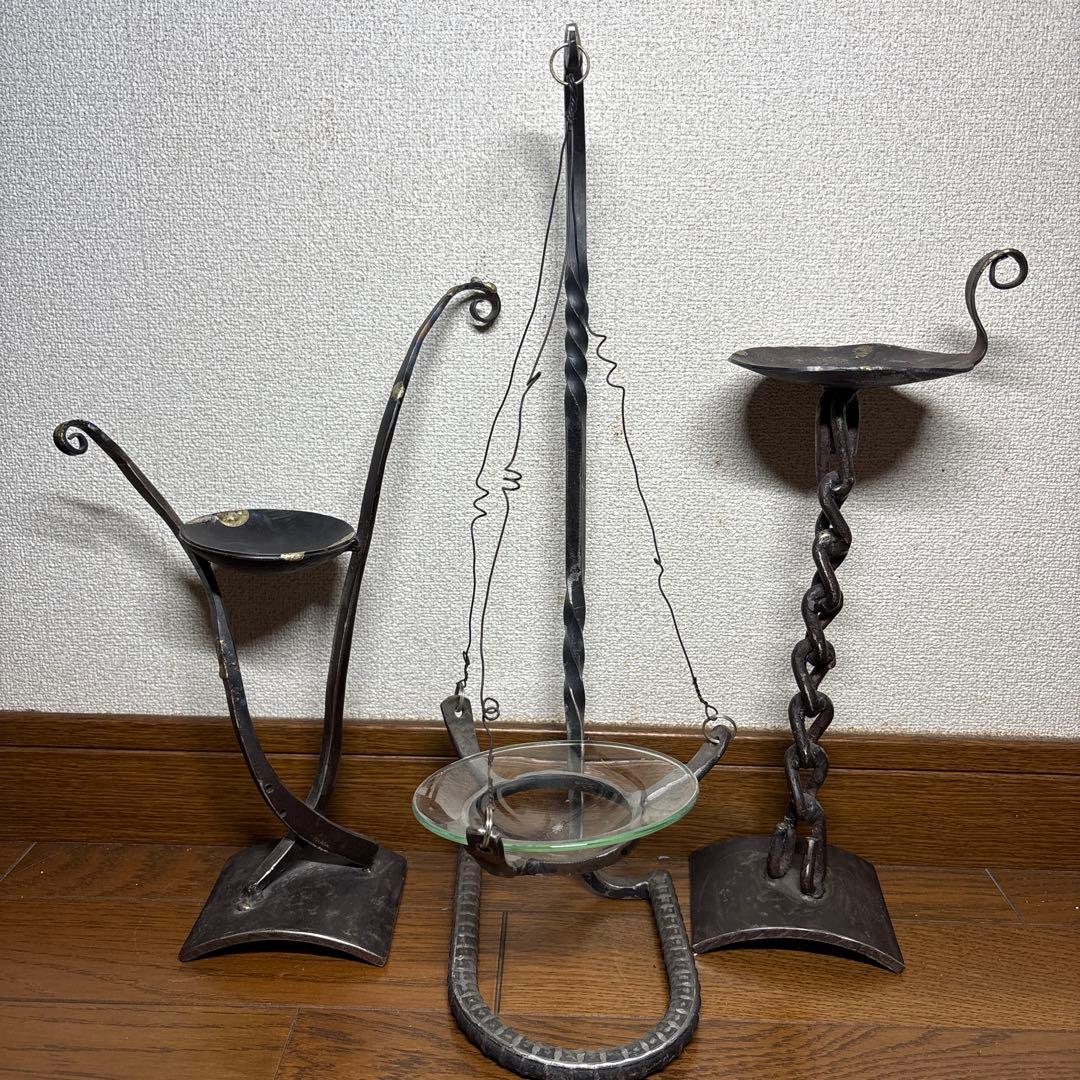 浅草義治 アイアン作品 3点セット 高さ31〜39cm 燭台 花器 鉄工芸