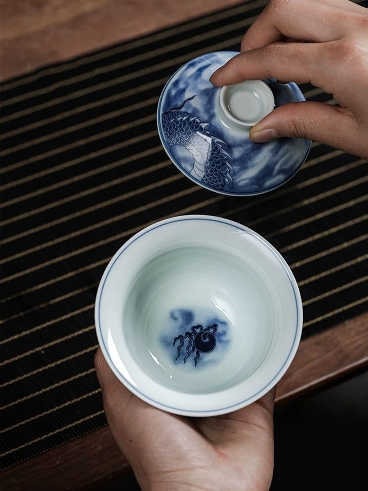 景徳鎮 青花磁器竜紋三才蓋碗 煎茶器 新品未使用