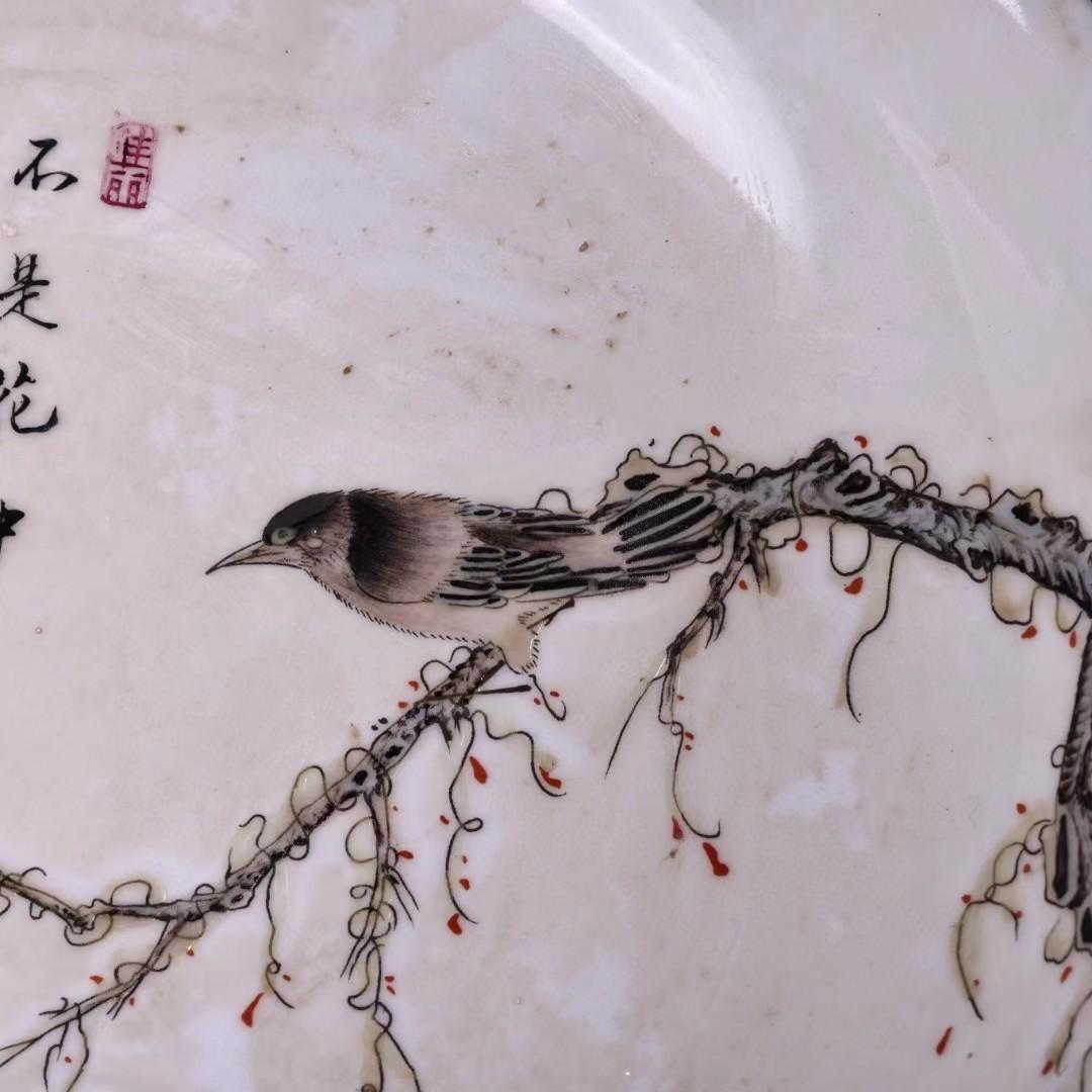 中国古美術・珍蔵粉彩・花鳥彩絵磁器の中皿・純手描き・箱付・置物・文房具・観賞皿