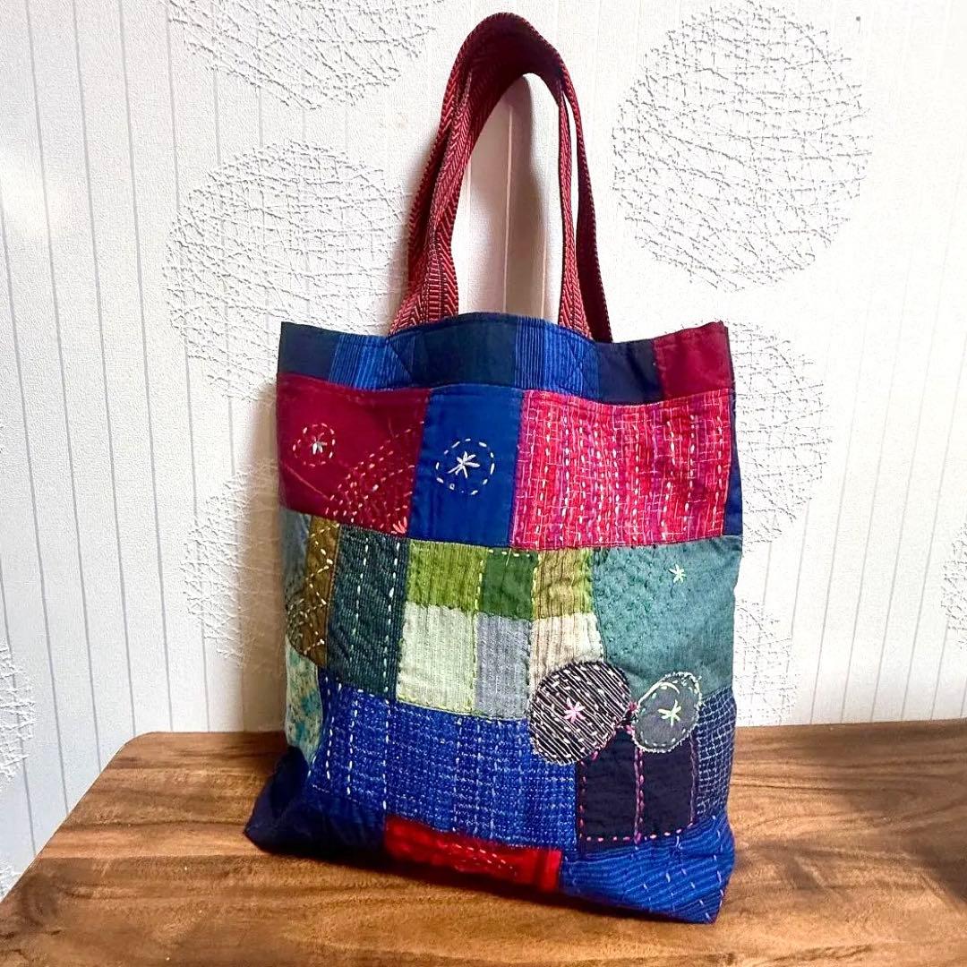 【ハンドメイド】和柄　刺し子とパッチワークのトートバック