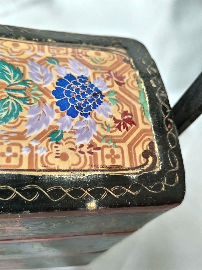 重箱 陶器蓋 草花 鹿 二段重 骨董 ヴィンテージ 時代物 中国 アジア
