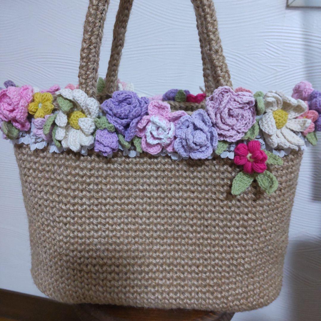 ハンドメイド　お花もりもり麻紐バック