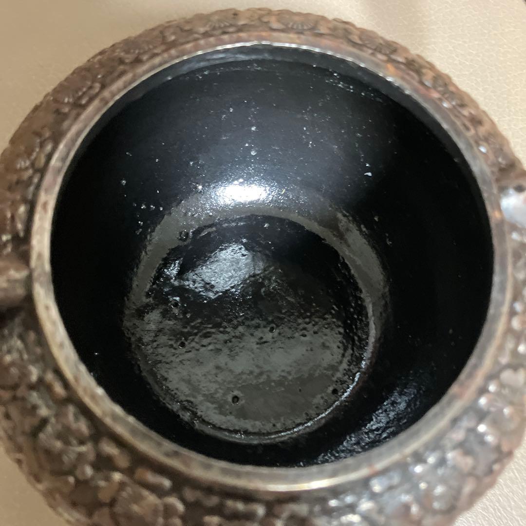 煎茶道具　南部鉄器　岩鋳造　清茂作 金桜文 　砂鉄急須瓶