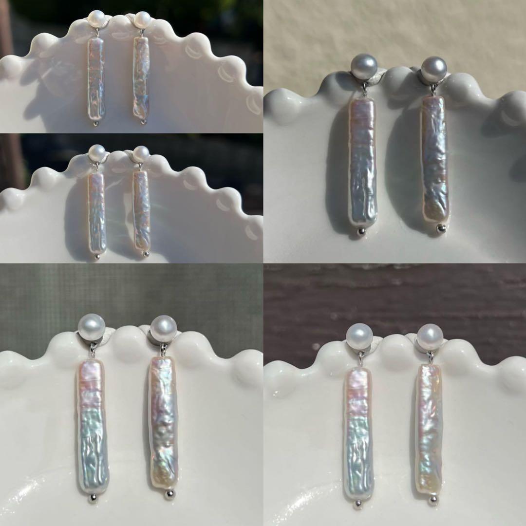 バンビママ様3点まとめ2粒フラットスクエアパールピアス　スティックパールピアス
