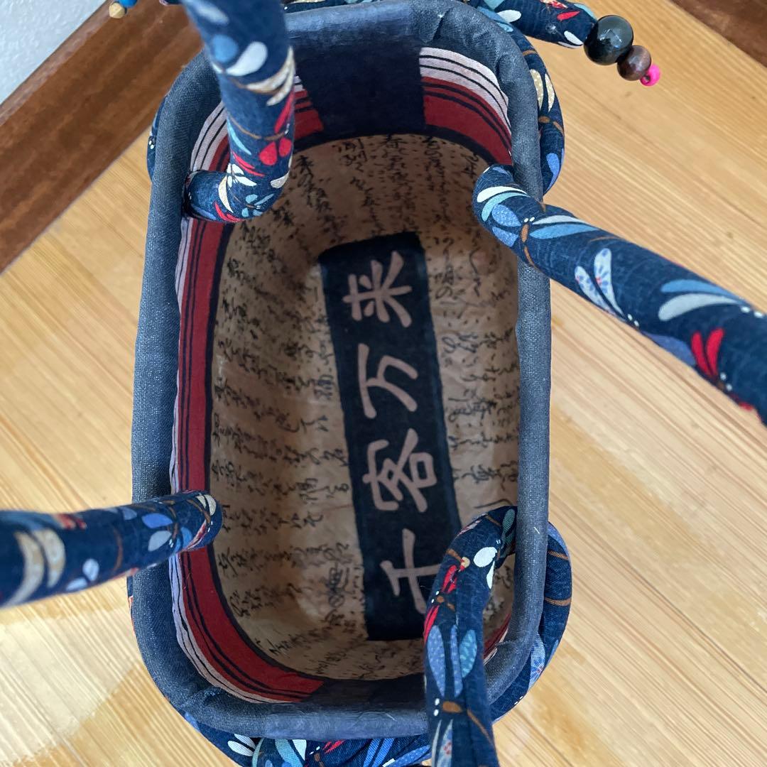一閑張り　一閑張りバッグ　柿渋染め　市場カゴ　ハンドメイド　招き猫