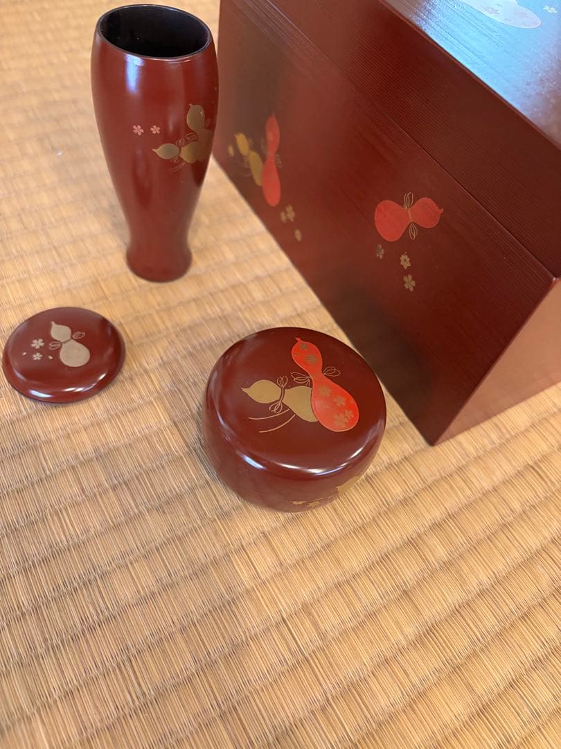 茶道具　茶箱　四点セット　うるみ塗ひさご　朱色