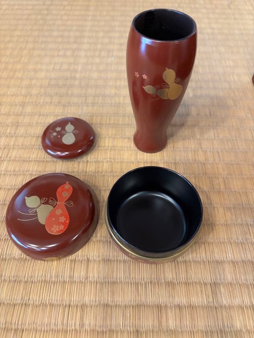 茶道具　茶箱　四点セット　うるみ塗ひさご　朱色