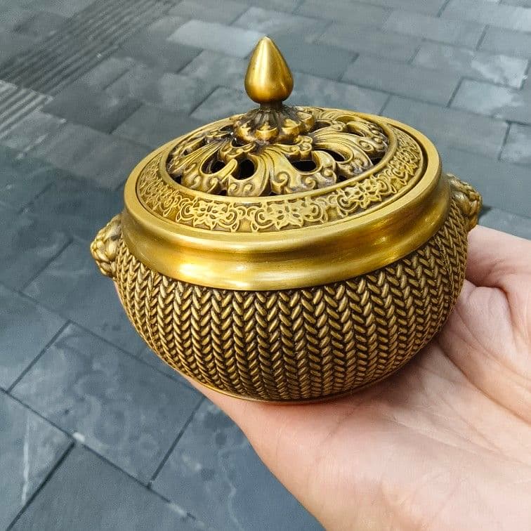 銅製 香炉 編み獅耳平底炉 香篆炉 香薫炉 香道具 装飾品 工芸品 置物