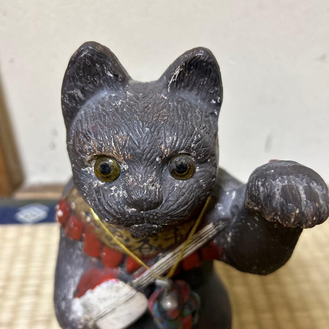 黒色 招き猫 三味線 置物 約20cm