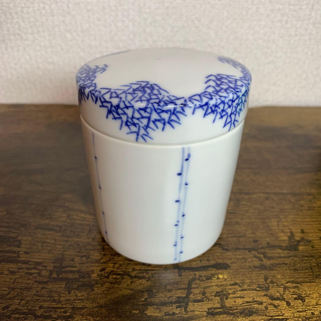 E-1 【茶道具】和峰作 磁器 薬器 茶器 竹絵 青華 共箱付 茶道具 茶器 薬