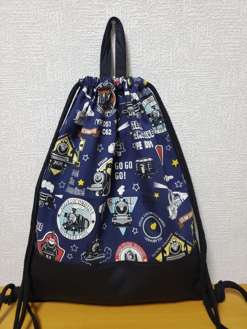 ナップサック 体操服入れ お着替え袋   N蒸気機関車柄×ブラック