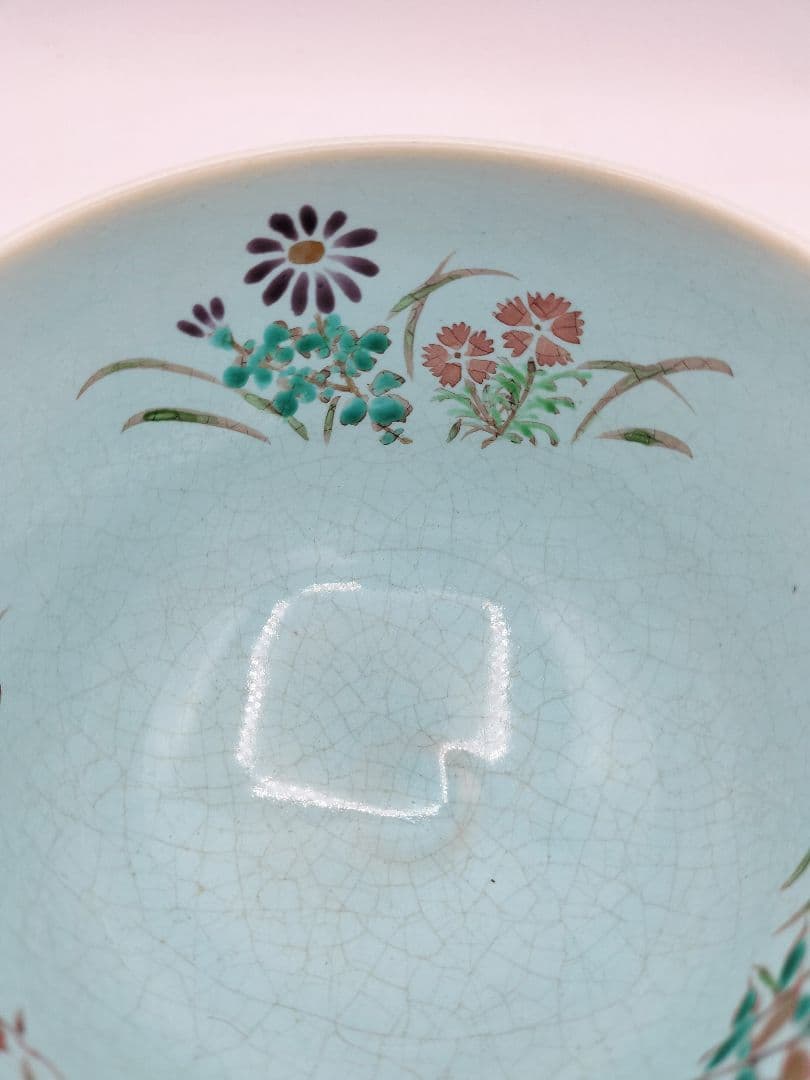 d180 茶碗 灰釉 四季草花絵 中村良二 木箱 茶道具 古物
