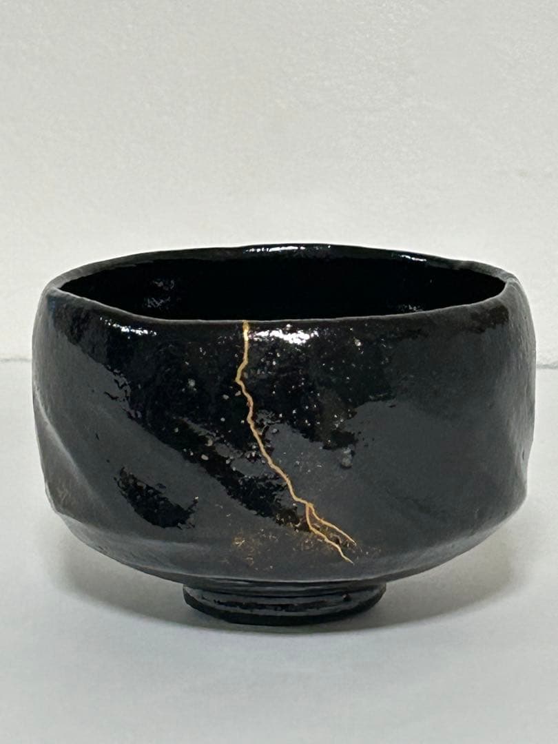 茶道具　京焼　楽焼　黒楽　松楽　抹茶碗　金継ぎあり　共箱付き