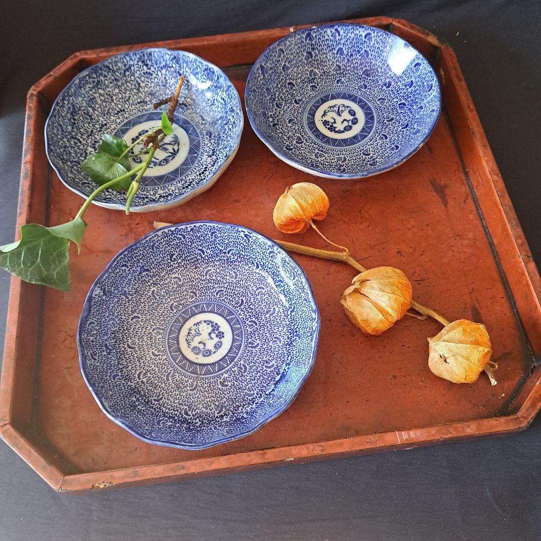 「ベロ藍の微塵唐草(みじんからくさ)」印版染付皿(直径15cm) 4客セット 骨
