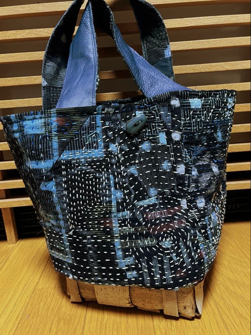 沢クルミ籠　＆　絣に刺子バック　トート　持ち手牛革　ハンドメイド