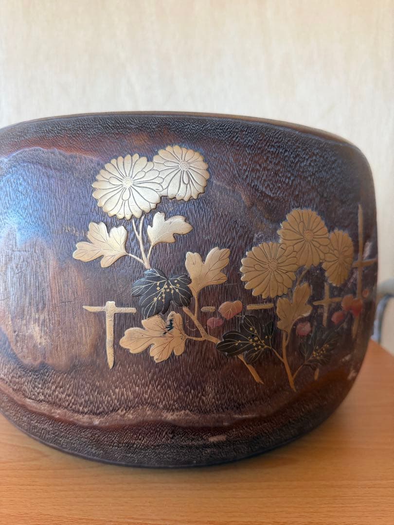 木製鉢 金箔花模様 鶏 デザイン器 銅製 火鉢
