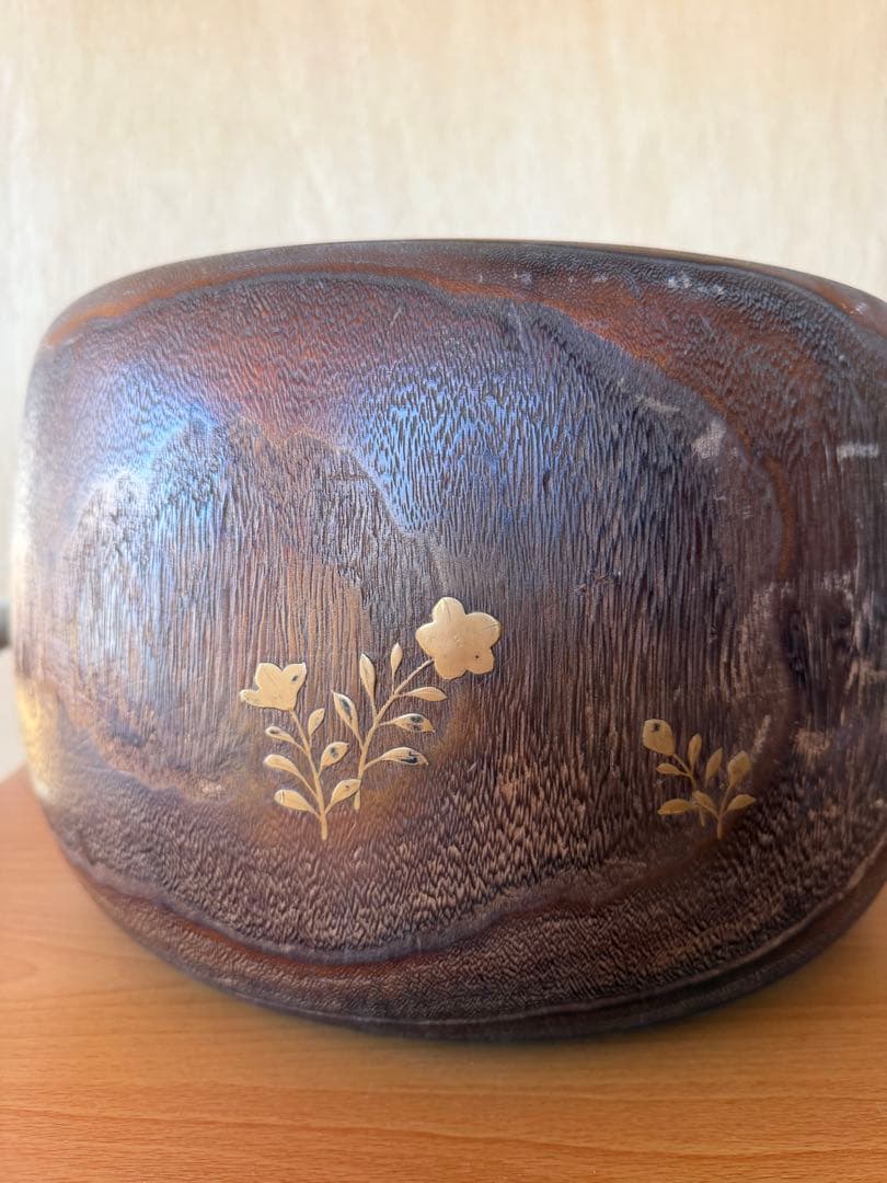 木製鉢 金箔花模様 鶏 デザイン器 銅製 火鉢