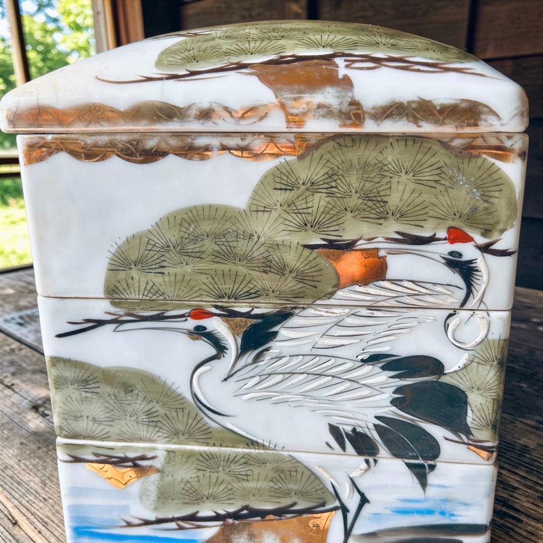 【時代物】色絵金彩「飛鶴松文」四段角重箱（共蓋・高足付）懐石 お花見 節句 茶席