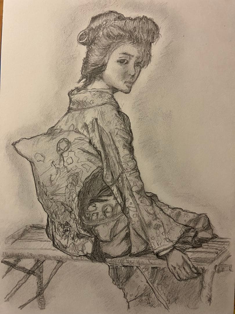 和服の女性 水彩画 木製フレーム付き