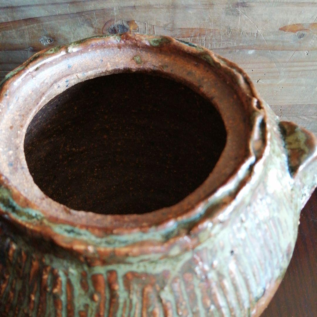 常滑焼　澤田重治　灰釉双耳水指　18cm