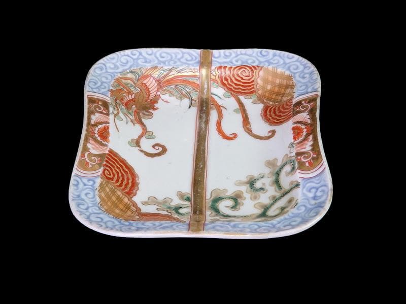 古伊万里 色絵　陽刻　鳳凰紋の図　軍配皿　変形皿　AS-CLw