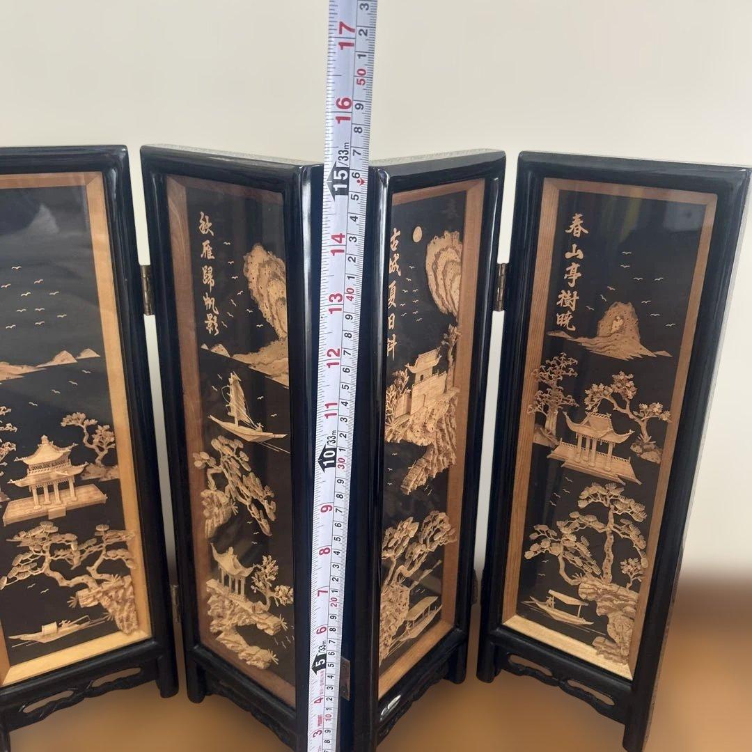 【極美品】コルク工芸 四曲屏風 衝立 龍彫刻 松 帆船 楼閣 中国美術 縁起物