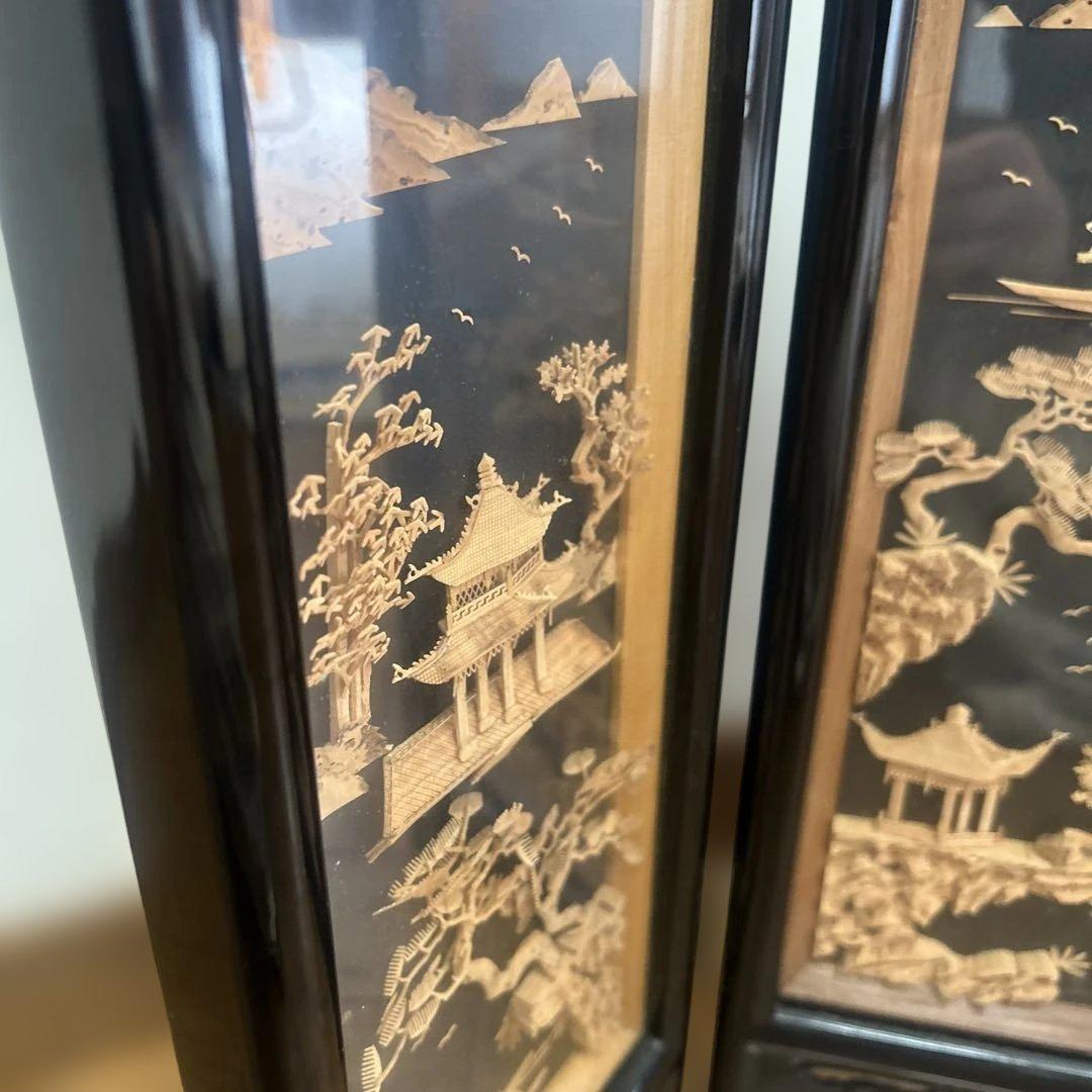 【極美品】コルク工芸 四曲屏風 衝立 龍彫刻 松 帆船 楼閣 中国美術 縁起物