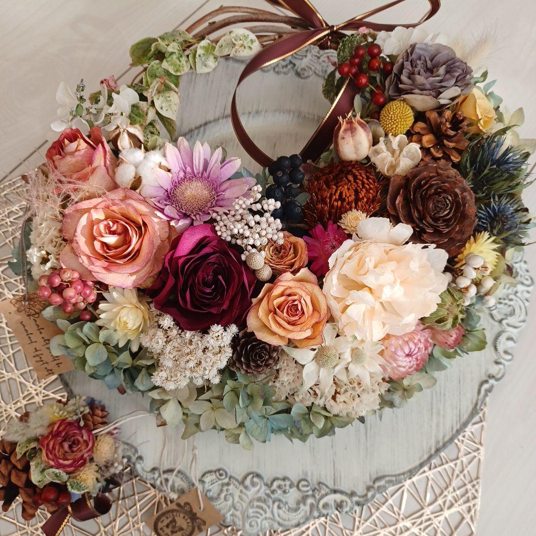 ドライフラワーリース ハンドメイド フラワーリース＊紫陽花リース 薔薇 40