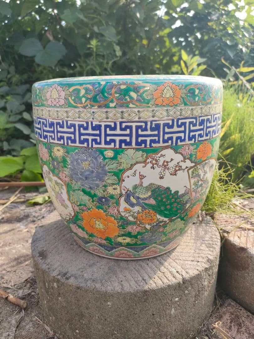 ★色絵 金襴手 火鉢　手焙 兎 孔雀 花鳥山水文 　古具　アンティーク