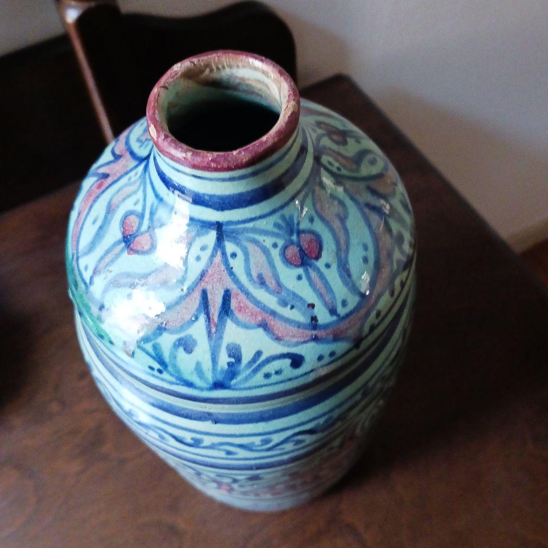 エキゾチック陶器壺 22.5cm 青緑 手描き文様 インテリア オブジェ