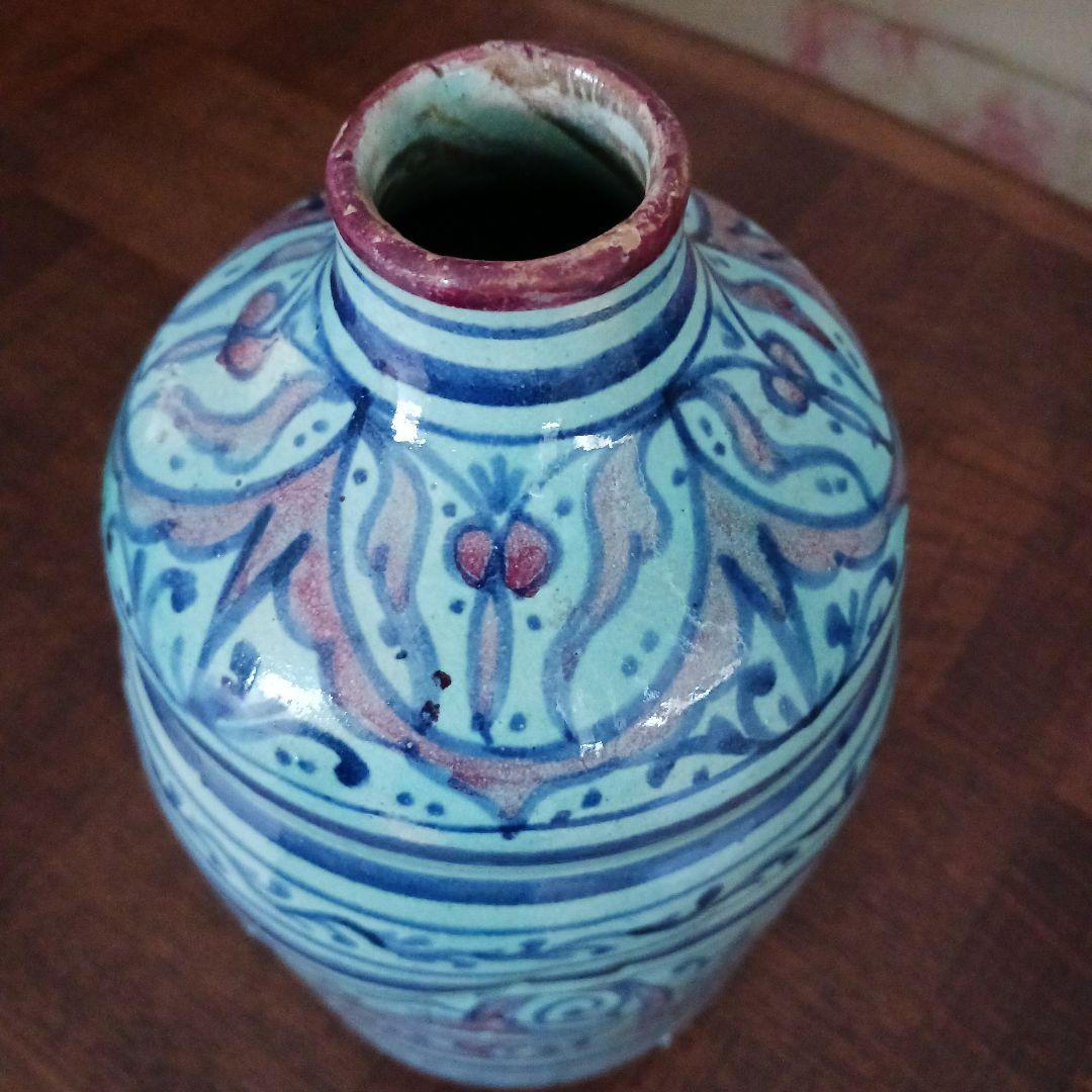 エキゾチック陶器壺 22.5cm 青緑 手描き文様 インテリア オブジェ